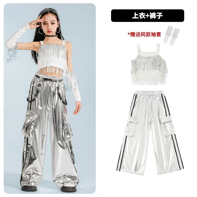 Hip Hop Clothing Girl Crop Sequined T-shirts Girls White Pants K-pop Hot Shorts Kids Streetwear Child Jazz Dance Clothes Set otakupop.store