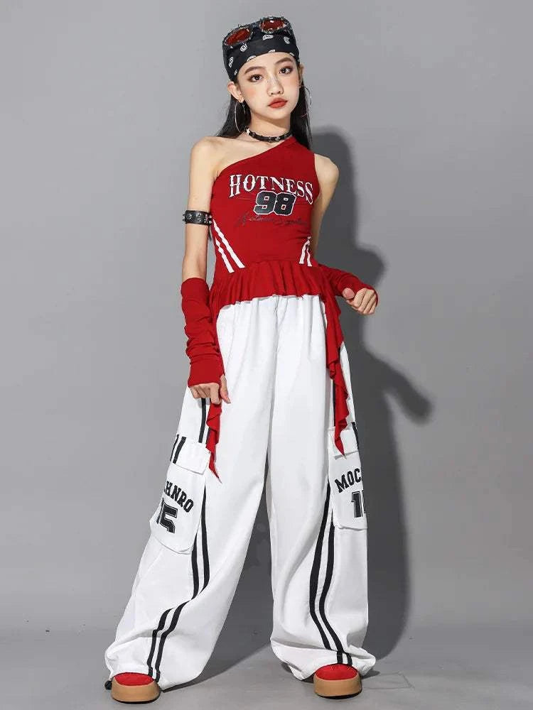Hip Hop Girls One-shoulder Crop Top ‌Balloon Skirt Cargo Pants Children Streetwear Girl Group Costumes Kids K-pop Clothes Sets otakupop.store