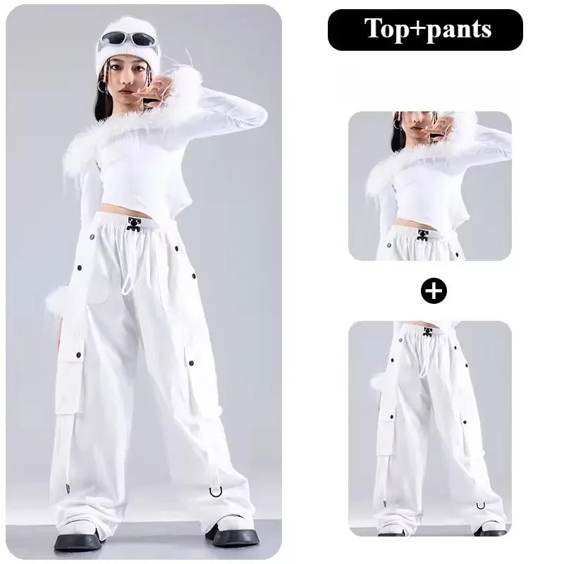 Girls Jazz Dance Performance Suit Kids Hip Hop Stage Wear Kpop Fashion Clothes White Coat Jacket White Pants Steetwear otakupop.store