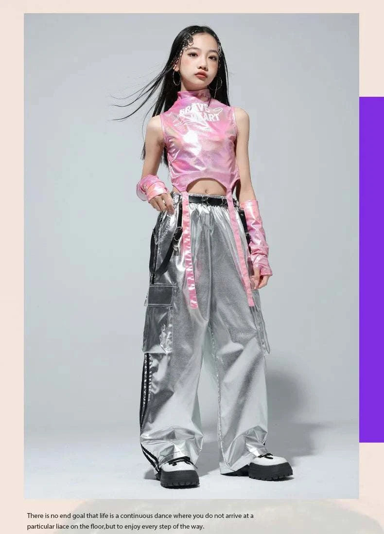 Kids Street Dance Jazz Performance Costumes Girls Hip Hop Clothes Fashion Catwalk Stage Shiny Sleeveless Crop Top Long Pant Suit otakupop.store