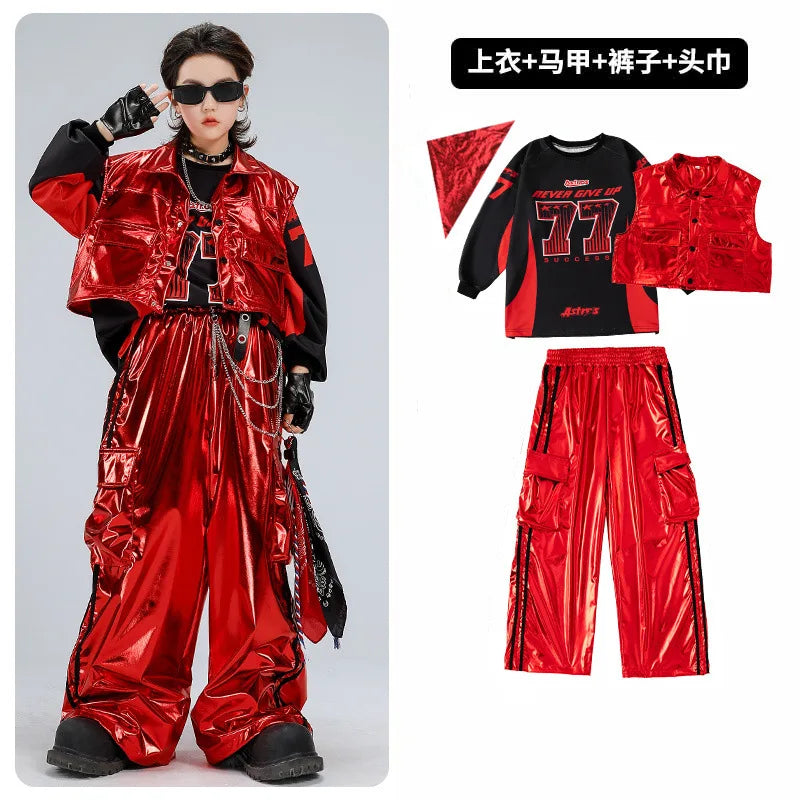 Boys Hip Hop Sweatshirt Shiny Vest Street Dance Cargo Pants Girls K-pop Clothes Set Kid Hip Hop Jazz Costume Children Streetwear otakupop.store