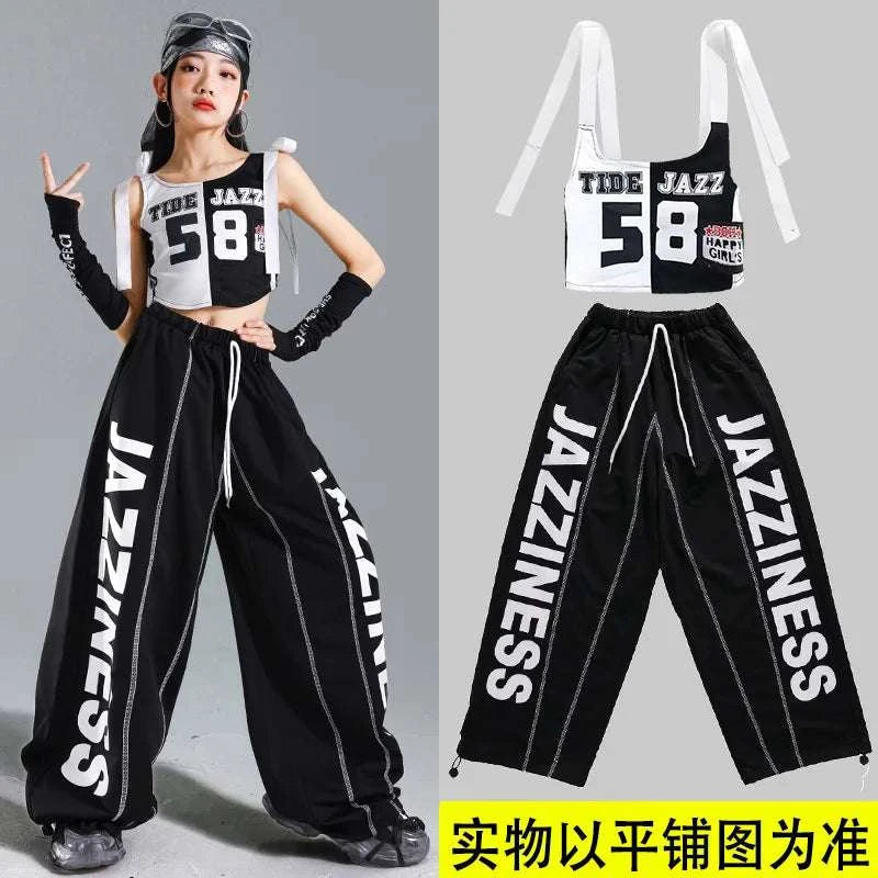 Hip Hop Girls One-shoulder Crop Top ‌Balloon Skirt Cargo Pants Children Streetwear Girl Group Costumes Kids K-pop Clothes Sets otakupop.store