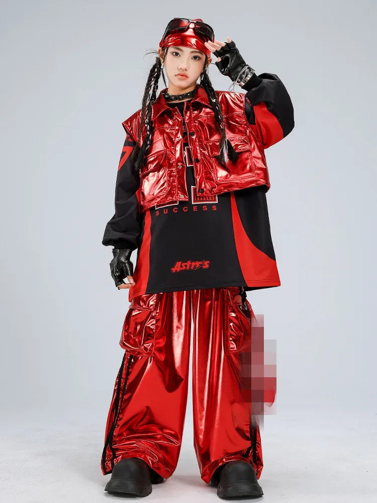Boys Hip Hop Sweatshirt Shiny Vest Street Dance Cargo Pants Girls K-pop Clothes Set Kid Hip Hop Jazz Costume Children Streetwear otakupop.store