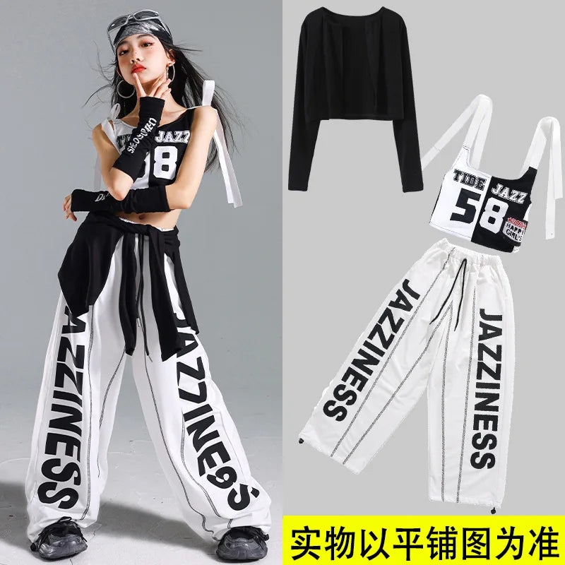 Hip Hop Girls One-shoulder Crop Top ‌Balloon Skirt Cargo Pants Children Streetwear Girl Group Costumes Kids K-pop Clothes Sets otakupop.store