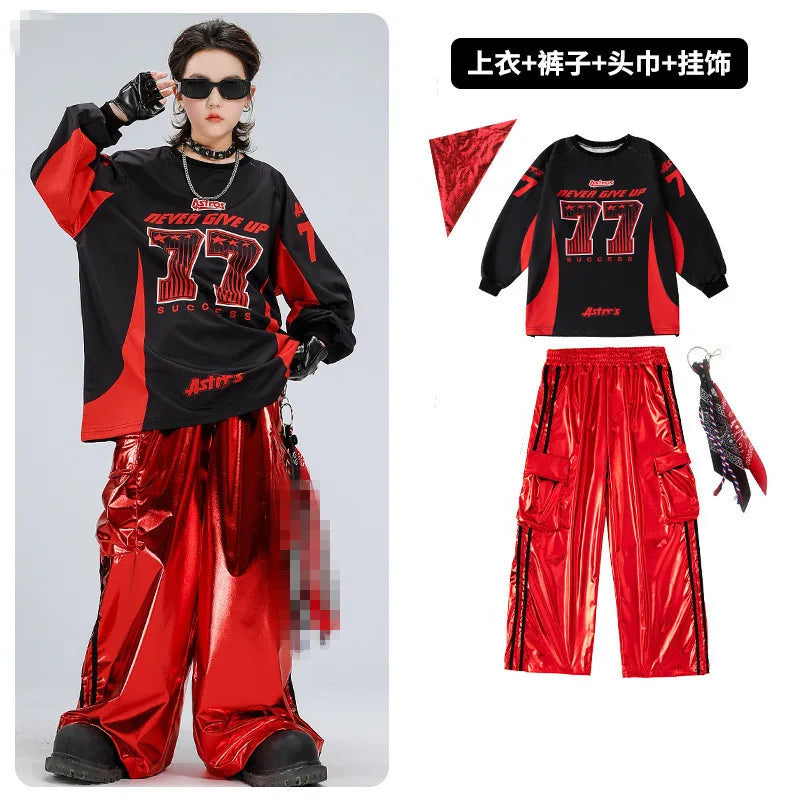 Boys Hip Hop Sweatshirt Shiny Vest Street Dance Cargo Pants Girls K-pop Clothes Set Kid Hip Hop Jazz Costume Children Streetwear otakupop.store