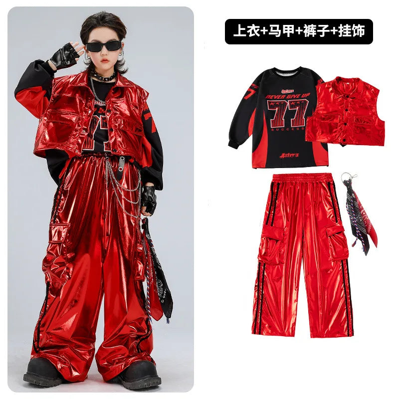 Boys Hip Hop Sweatshirt Shiny Vest Street Dance Cargo Pants Girls K-pop Clothes Set Kid Hip Hop Jazz Costume Children Streetwear otakupop.store