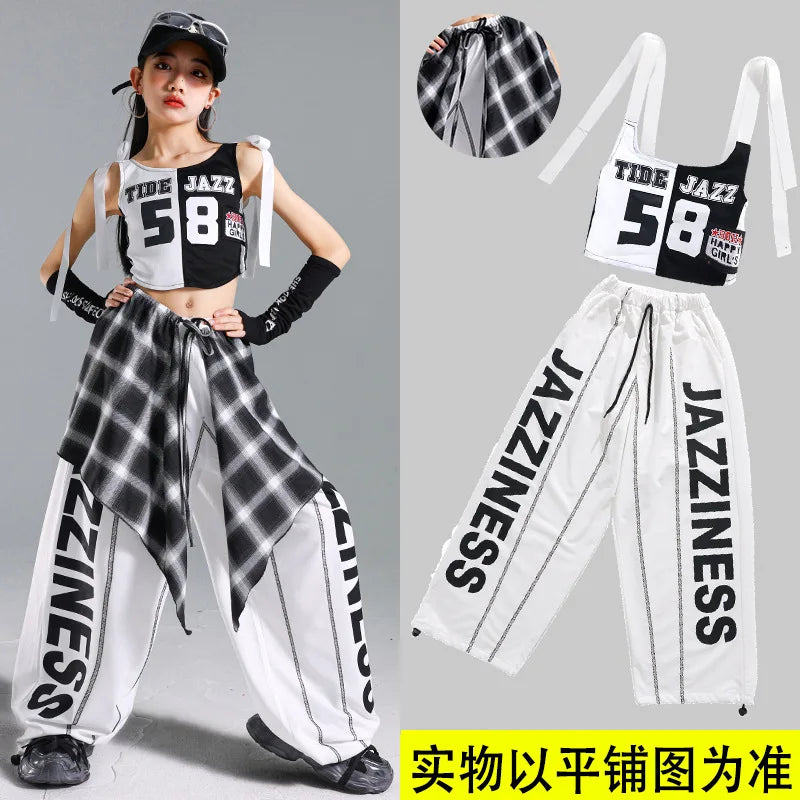 Hip Hop Girls One-shoulder Crop Top ‌Balloon Skirt Cargo Pants Children Streetwear Girl Group Costumes Kids K-pop Clothes Sets otakupop.store