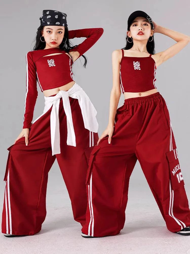 Girls K-pop Crop Top Joggers Cargo Pants Children Hip Hop Streetwear Girl Group Clothes Sets Kids Street Dance Jazz Costumes otakupop.store