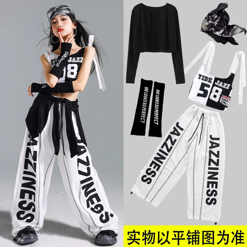 Hip Hop Girls One-shoulder Crop Top ‌Balloon Skirt Cargo Pants Children Streetwear Girl Group Costumes Kids K-pop Clothes Sets otakupop.store