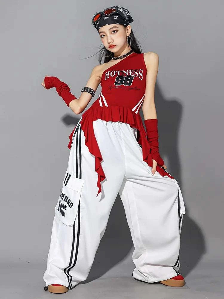 Hip Hop Girls One-shoulder Crop Top ‌Balloon Skirt Cargo Pants Children Streetwear Girl Group Costumes Kids K-pop Clothes Sets otakupop.store