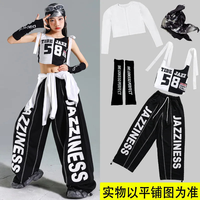 Hip Hop Girls One-shoulder Crop Top ‌Balloon Skirt Cargo Pants Children Streetwear Girl Group Costumes Kids K-pop Clothes Sets otakupop.store