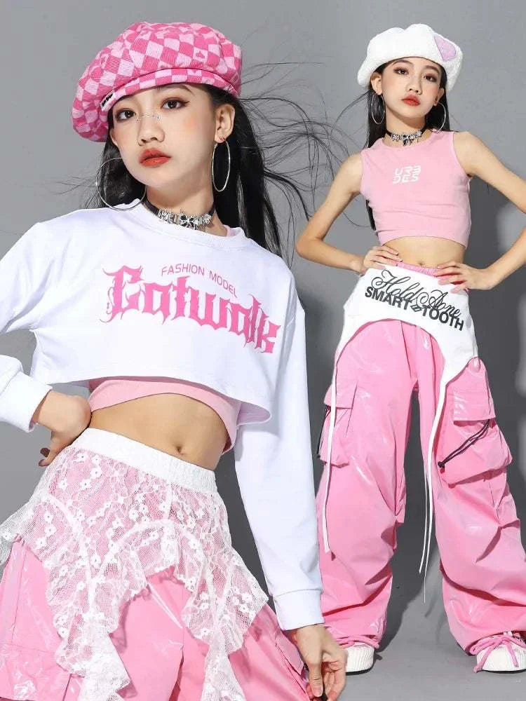 Jazz Dance Clothes For Girls Kpop Outfit Hip Hop Performance Wear Pink Shuffle Pants Kid Street Dance Show Fashion Suit New otakupop.store