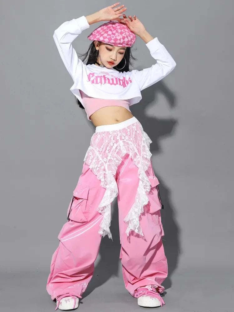 Jazz Dance Clothes For Girls Kpop Outfit Hip Hop Performance Wear Pink Shuffle Pants Kid Street Dance Show Fashion Suit New otakupop.store
