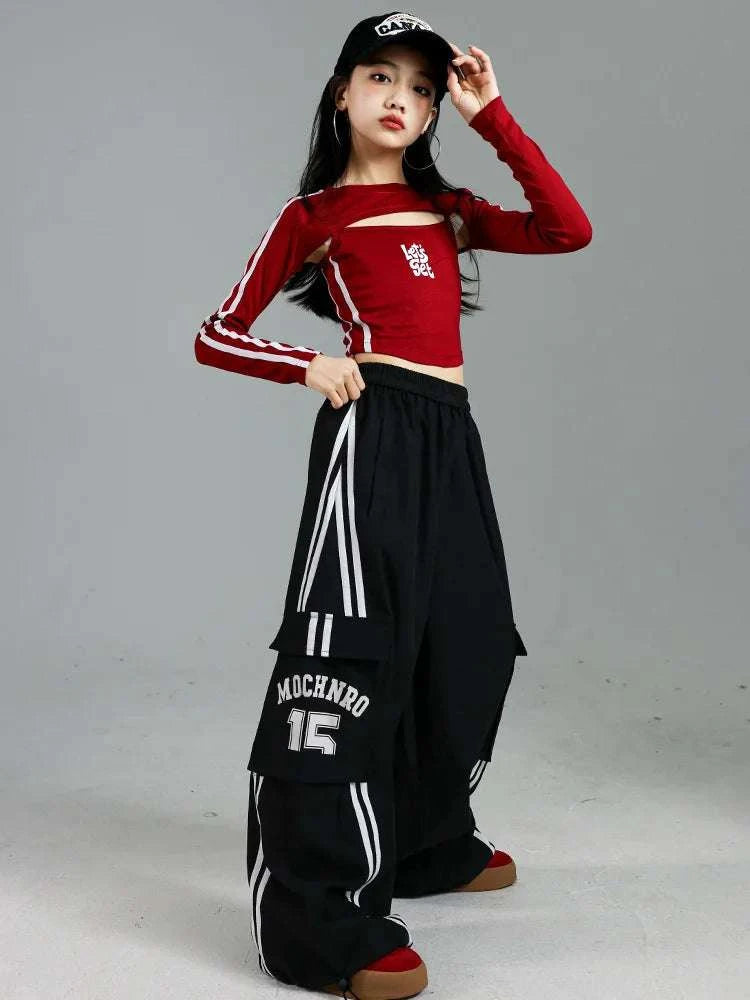 Girls K-pop Crop Top Joggers Cargo Pants Children Hip Hop Streetwear Girl Group Clothes Sets Kids Street Dance Jazz Costumes otakupop.store