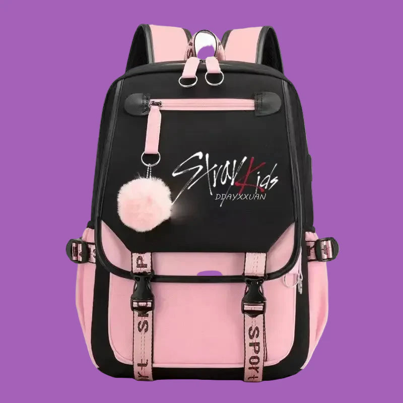 Sac à Dos Stray Kids noir et rose avec design K-pop et compartiments multiples pour fans STAY